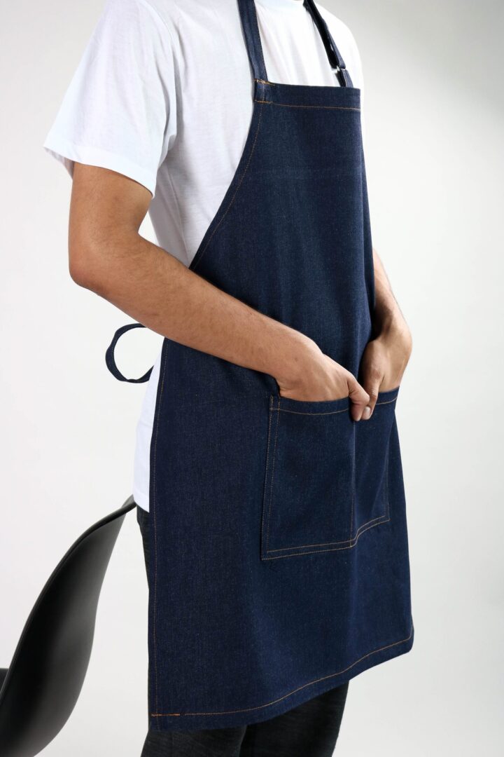Man Wearing Classic Denim Bib Apron Side View